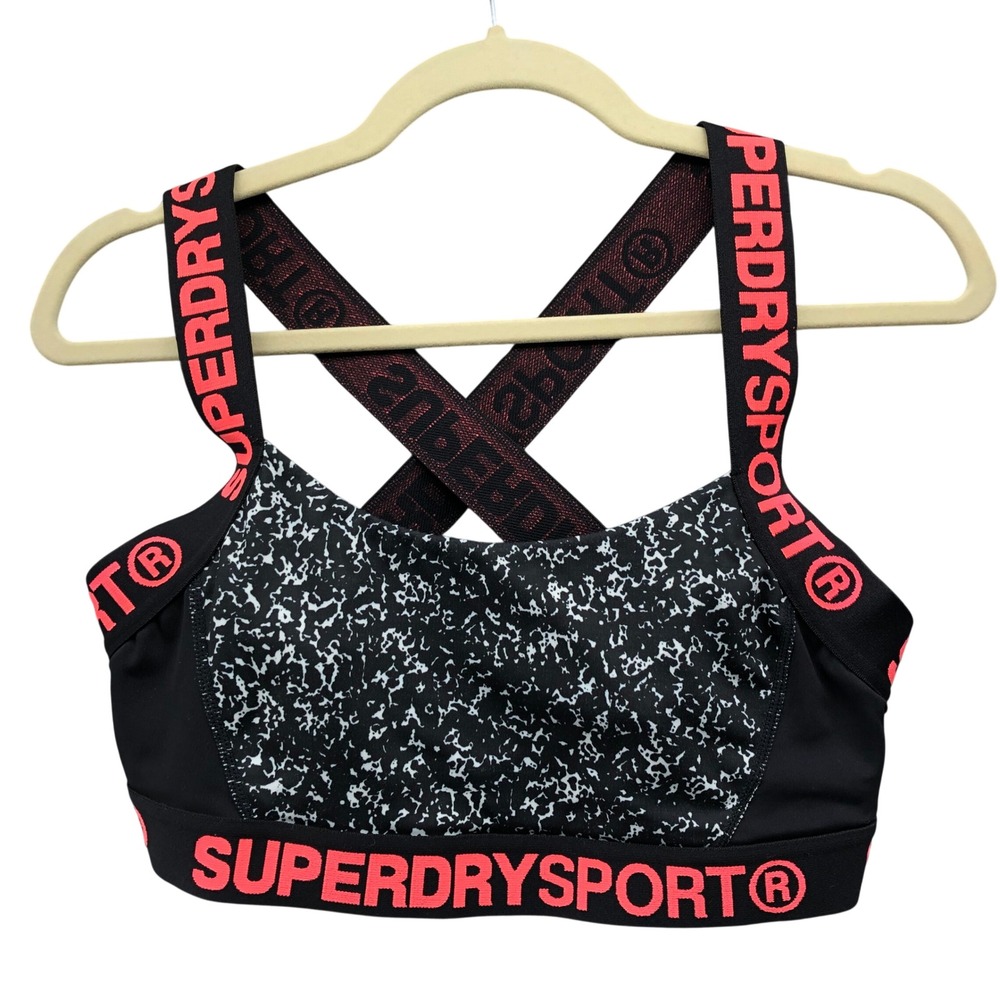 Superdry Sport Tech Racerback Sports Bra Womens M Black Pink Logo Gym Workout